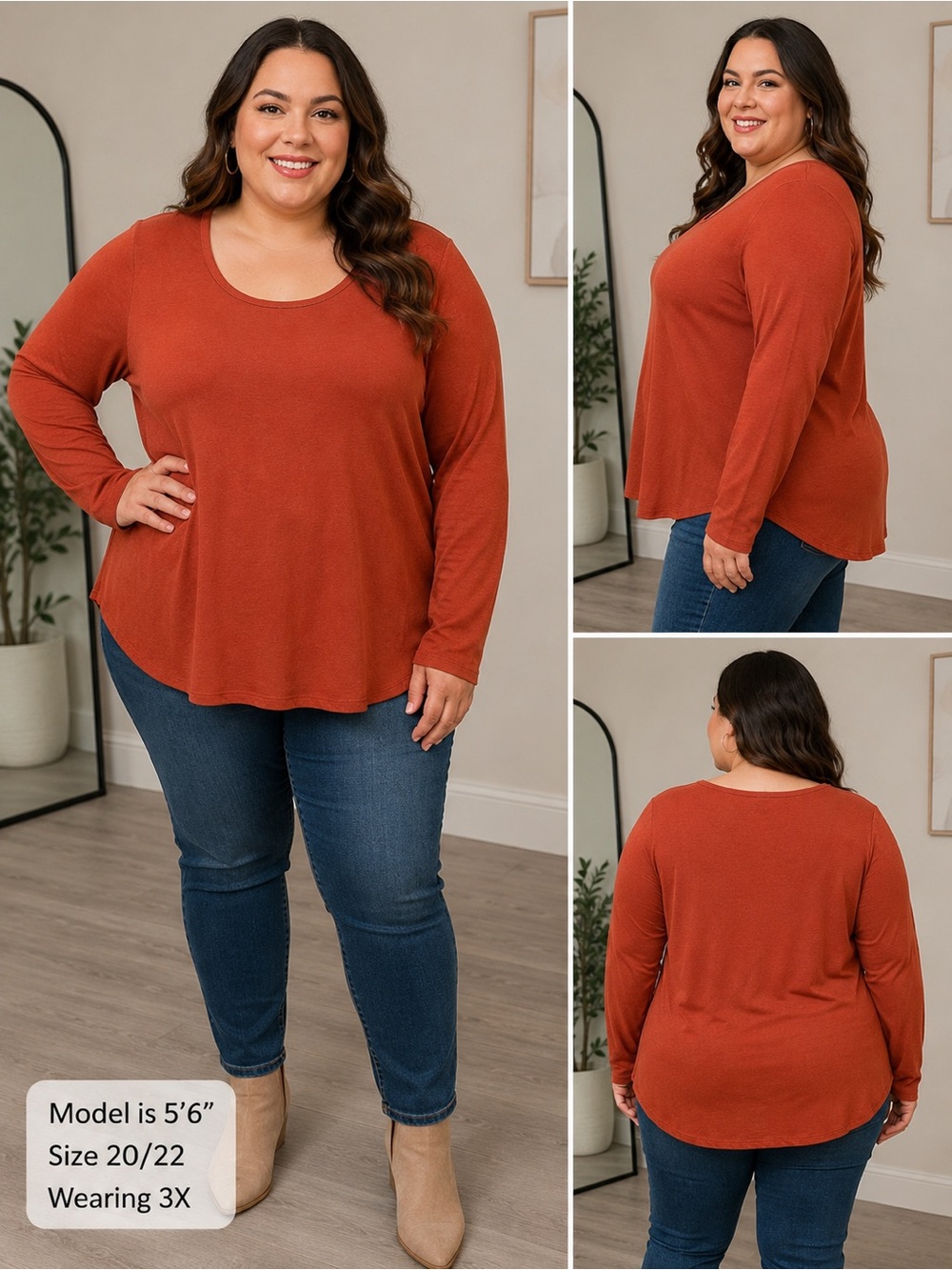 ChicSoul Rust Orange Long Sleeve Scoop Neck Tunic Top 3X Plus Size
